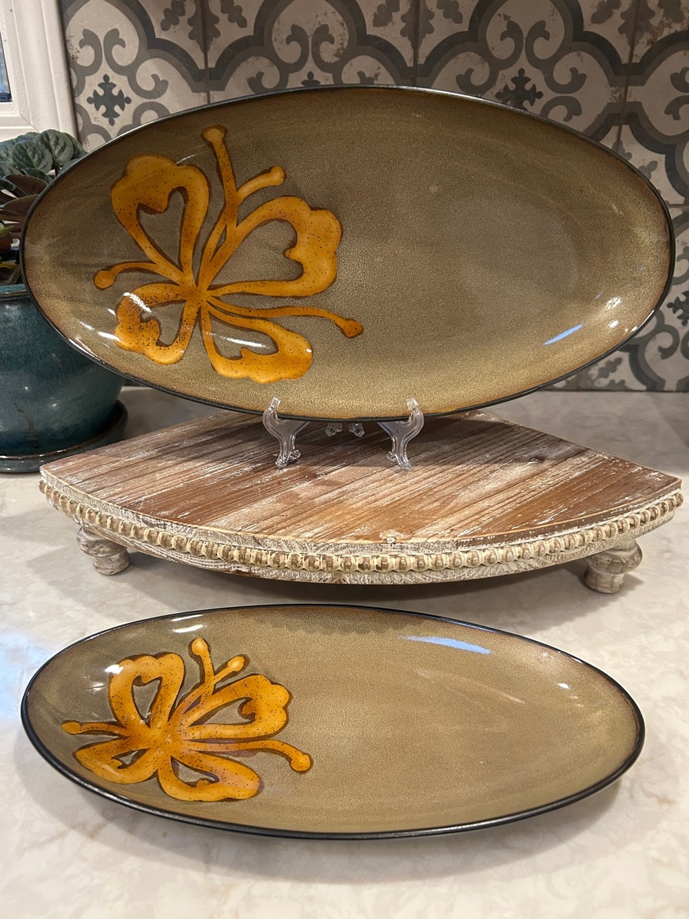 Vintage Pier 1 Imports Kioko Stoneware Platters Oval Hand-painted-Set of Two EUC